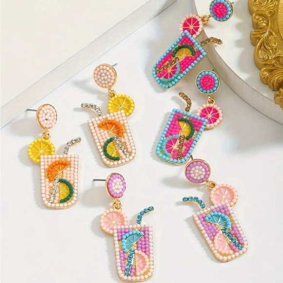 Handmade Summer Drink Dangle Earrings w/ Rhinestone Straw & Lemons - Picture 4 of 4